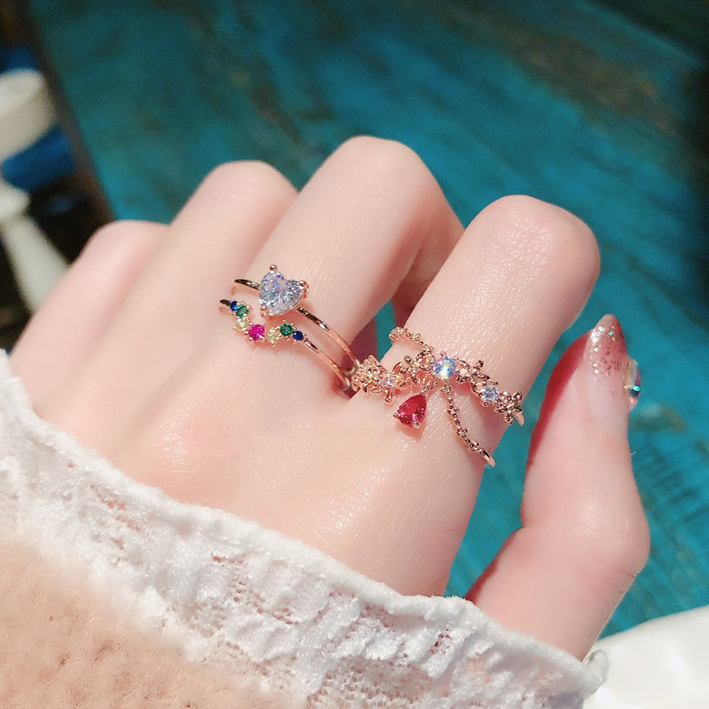 Adjustable Crystal Flower Ring for Women