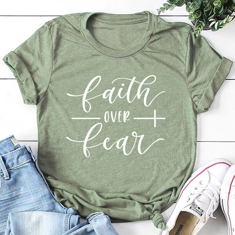 Faith Over Fear Christian T-Shirt - Olive White text / Bust- 96cm/37.79in, Length- 66cm/25.98in