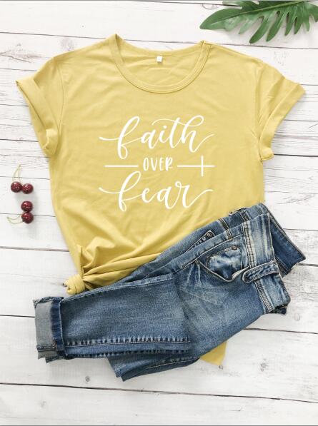 Faith Over Fear Christian T-Shirt - Mustard White text / Bust- 92cm/36.22in, Length- 65cm/25.59in