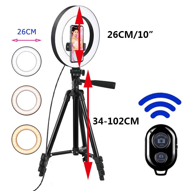 26cm Led Selfie Ring Light  Bluetooth Remote Lamp & Tripod Holder - 102Cm-black