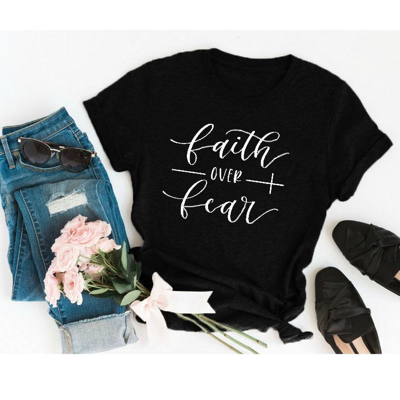 Faith Over Fear Christian T-Shirt - Black White Text / Bust- 96cm/37.79in, Length- 66cm/25.98in