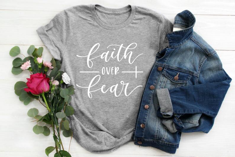 Faith Over Fear Christian T-Shirt - Gray White text / Bust- 92cm/36.22in, Length- 65cm/25.59in