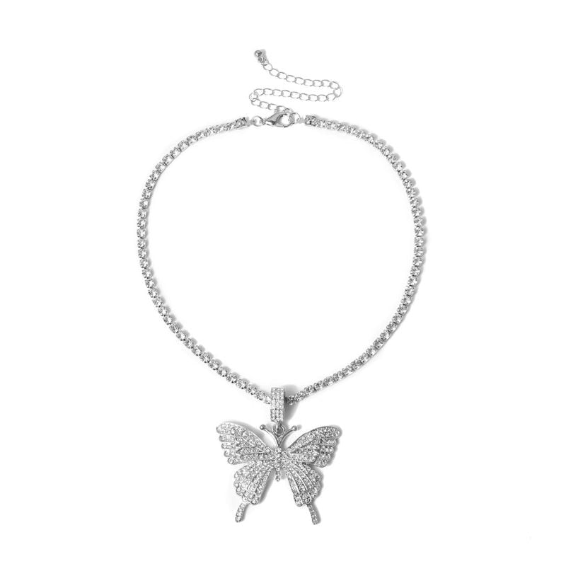 Sparkling & Iced Out Crystal Butterfly Pendant - Silver