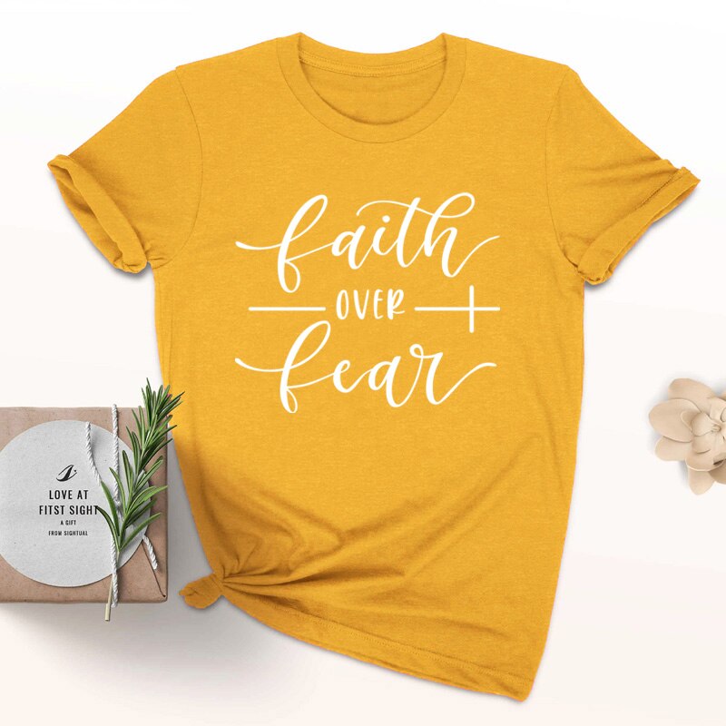 Faith Over Fear Christian T-Shirt - Gold White text / Bust- 108cm/42.51in, Length- 69cm/27.16in