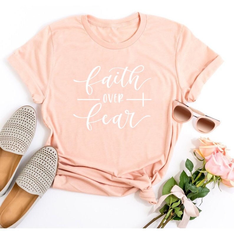 Faith Over Fear Christian T-Shirt - Peach White text / Bust- 108cm/42.51in, Length- 69cm/27.16in