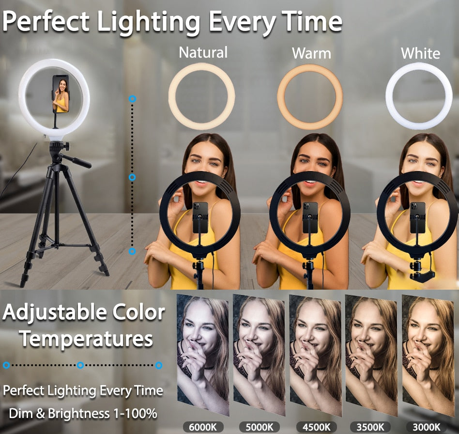 26cm Led Selfie Ring Light  Bluetooth Remote Lamp & Tripod Holder