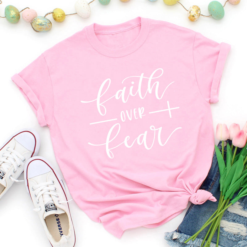 Faith Over Fear Christian T-Shirt - Pink White text / Bust- 108cm/42.51in, Length- 69cm/27.16in