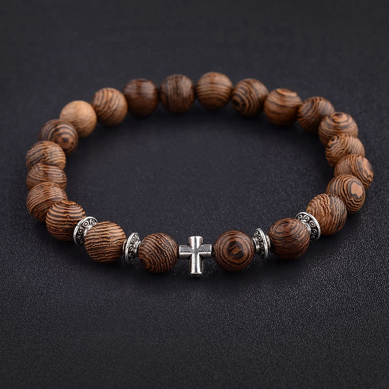 Natural Wood Beads Cross Prayer Bracelets