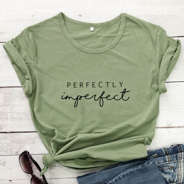 Perfectly Imperfect Women’s Inspirational T-shirt - olive-black text / S - olive-black text / L - olive-black text / M - olive-black text / XXL - olive-black text / XL - olive-black text / XXXL