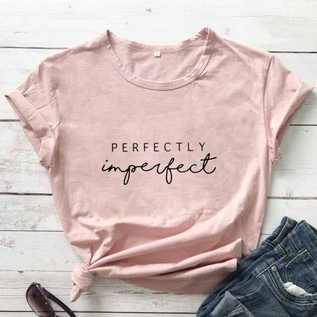 Perfectly Imperfect Women’s Inspirational T-shirt - peach-black text / XXL - peach-black text / XL - peach-black text / XXXL - peach-black text / S - peach-black text / L - peach-black text / M