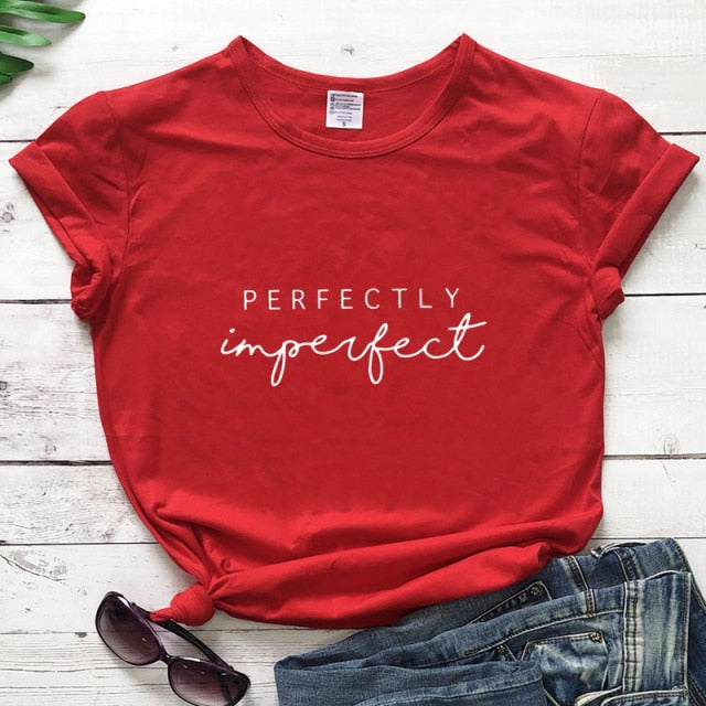 Perfectly Imperfect Women’s Inspirational T-shirt - red-white text / L - red-white text / M - red-white text / XXL - red-white text / XL - red-white text / S - red-white text / XXXL