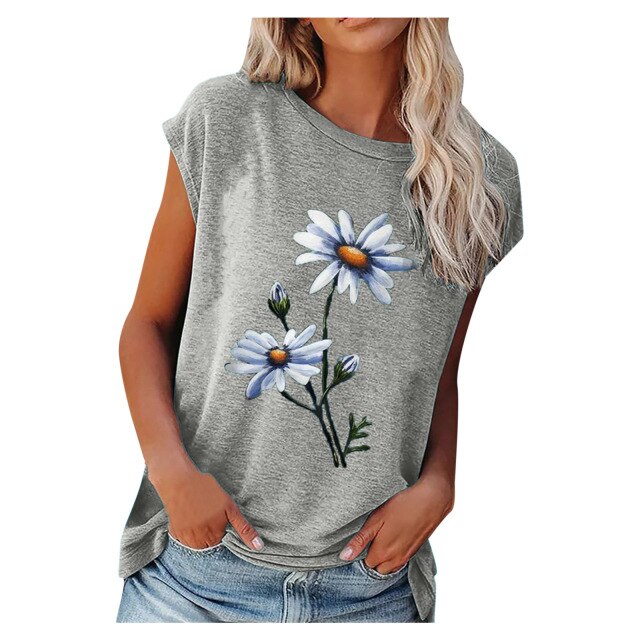 2021 Summer Flower Print Vintage Tee Shirt - GRAY / M / China - GRAY / S / China - GRAY / XL / China - GRAY / L / China - GRAY / XXXL / China - GRAY / XXL / China