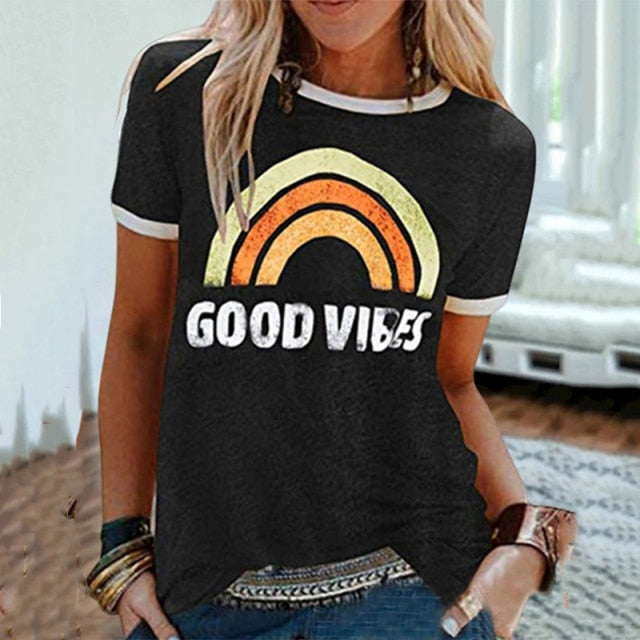 Rainbow Good Vibes T-Shirt - Black / 4XL - Black / 5XL - Black / XXL - Black / XXXL - Black / L - Black / XL - Black / S - Black / M