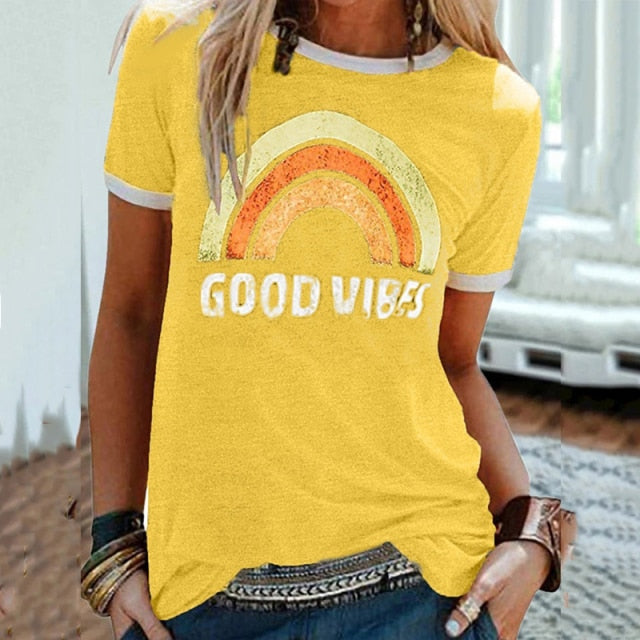 Rainbow Good Vibes T-Shirt - yellow / 4XL - yellow / 5XL - yellow / XXL - yellow / XXXL - yellow / L - yellow / XL - yellow / S - yellow / M