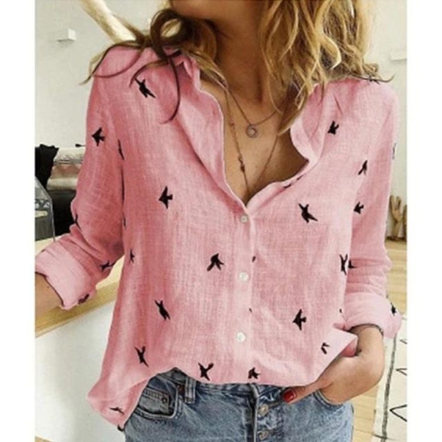 Casual Long Sleeve Birds Print Loose Shirt - 4XL / Pink - XXXL / Pink - XXL / Pink - XL / Pink - L / Pink - M / Pink - S / Pink - 5XL / Pink