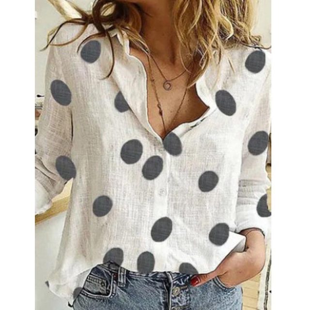 Casual Long Sleeve Birds Print Loose Shirt - L / Dot - M / Dot - XXL / Dot - XL / Dot - S / Dot - 4XL / Dot - XXXL / Dot - 5XL / Dot